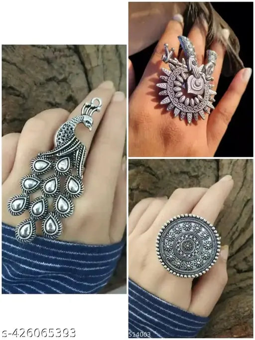 Ethnic wear oxidised silver ring set of 3